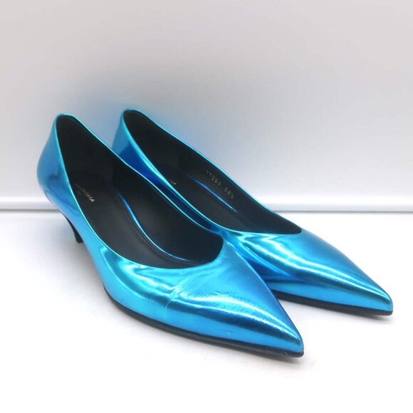 Balenciaga Talon Slash Kitten Heel Pumps Blue Metallic Leather Size 38.5 - Picture 1 of 14
